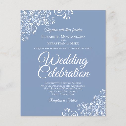 White Lace on Dusty Blue BUDGET Wedding Invitation | Zazzle