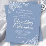 White Lace on Dusty Blue BUDGET Wedding Invitation<br><div class="desc">These affordable, budget friendly wedding invitations are the perfect choice for class, style, and beauty on a budget. The design features white floral lace frills in the corners on a dusty blue or periwinkle colored background. The typography includes fancy script lettering for a style that is at once simple and...</div>