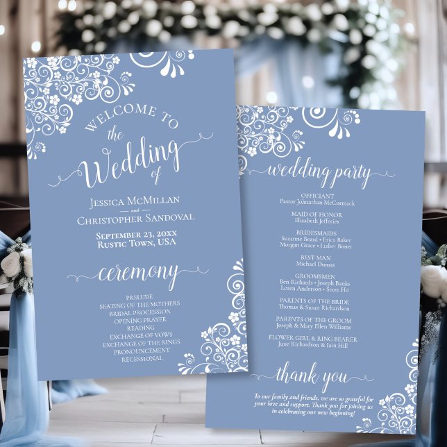 White Lace on Dusty Blue Budget Wedding Program (Front/Back)