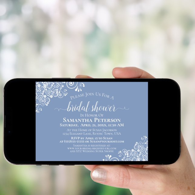 White Lace on Dusty Blue Elegant Bridal Shower Invitation (Front Digital)