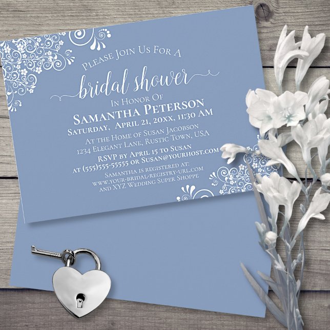 White Lace on Dusty Blue Elegant Bridal Shower Invitation (Creator Uploaded)