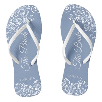 White Lace On Dusty Blue Elegant Bride's Wedding Flip Flops by ZingerBug at Zazzle