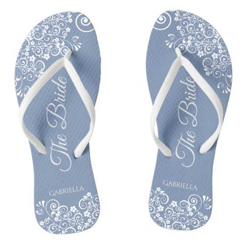 White Lace on Dusty Blue Elegant Brides Wedding Flip Flops