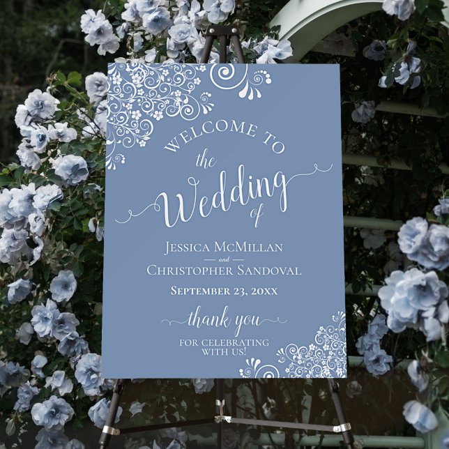 White Lace on Dusty Blue Elegant Wedding Welcome Foam Board (In Situ on Stand with Flowers)