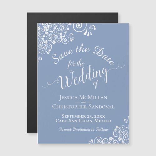 White Lace on Dusty Blue Save the Date Magnet