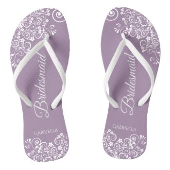 White Lace On Dusty Purple Bridesmaid Wedding Flip Flops by ZingerBug at Zazzle