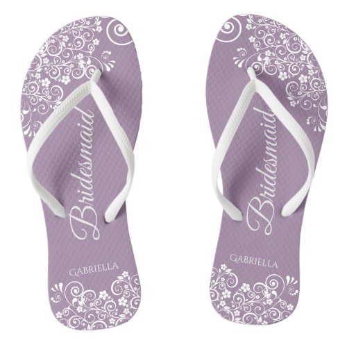White Lace on Dusty Purple Bridesmaid Wedding Flip Flops