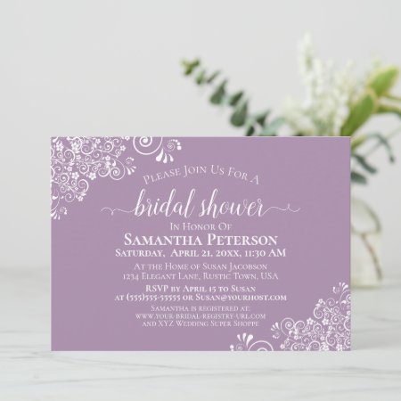 White Lace On Dusty Purple Elegant Bridal Shower Invitation
