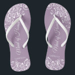 White Lace on Dusty Purple Maid of Honor Wedding Flip Flops<br><div class="desc">These beautiful wedding flip flops are a great way to thank and recognize your Maid of Honor while saving her feet at the same time. Features an elegant design with white floral lace filigree on a dusty purple, lilac, or lavender colored background. The elegant script lettering reads Maid of Honor...</div>