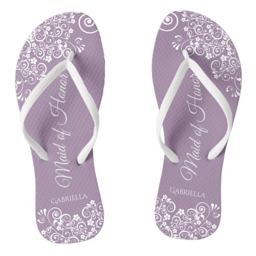 White Lace on Dusty Purple Maid of Honor Wedding Flip Flops