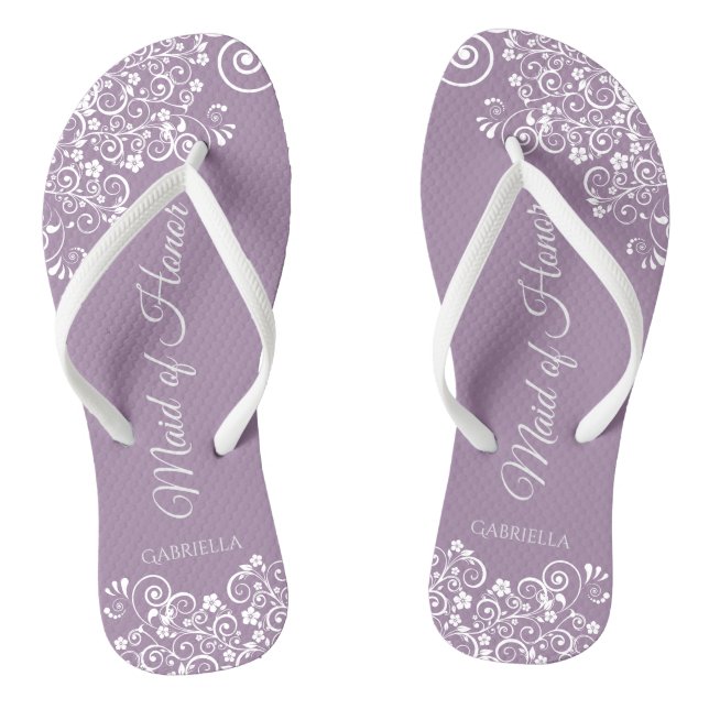 White Lace on Dusty Purple Maid of Honor Wedding Flip Flops (Footbed)