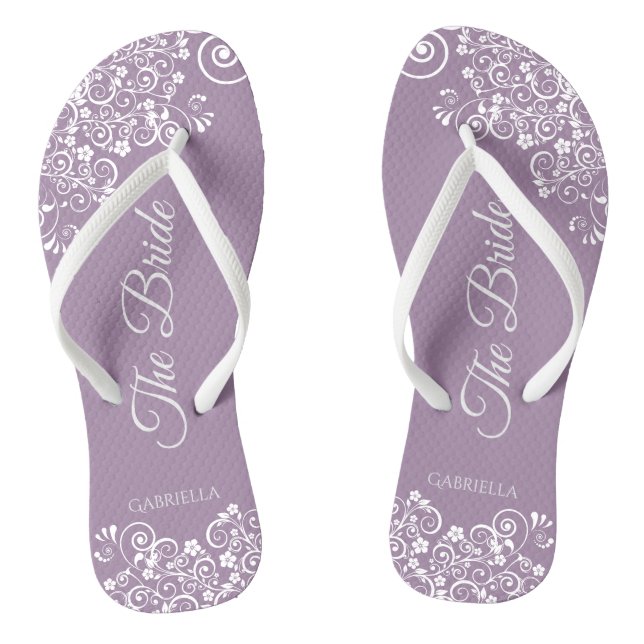 White Lace on Dusty Purple The Bride Wedding Flip Flops (Footbed)