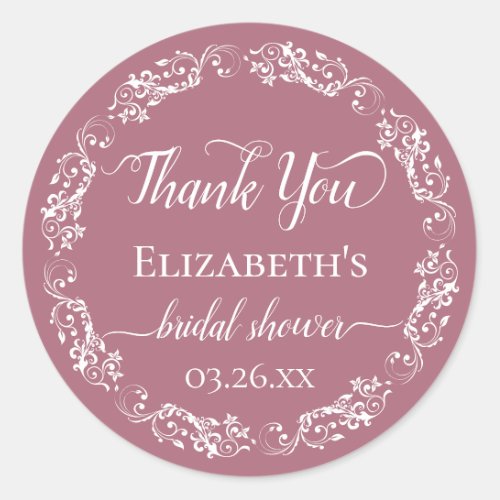 White Lace on Dusty Rose Bridal Shower Thank You Classic Round Sticker