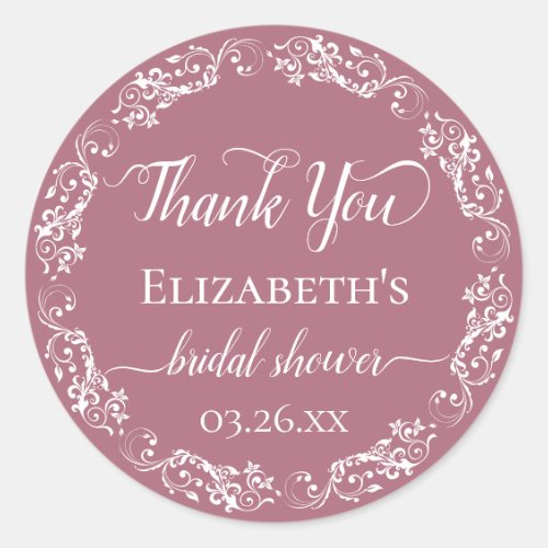 White Lace on Dusty Rose Bridal Shower Thank You Classic Round Sticker