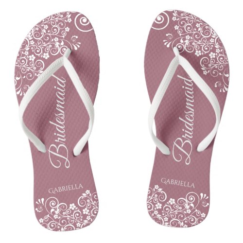 White Lace on Dusty Rose Bridesmaid Wedding Flip Flops