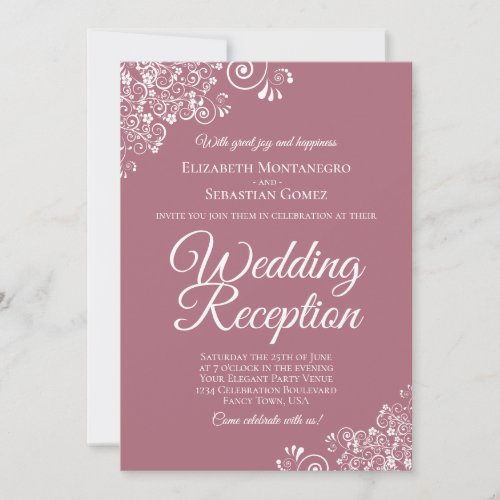 White Lace on Dusty Rose Elegant Wedding Reception Invitation