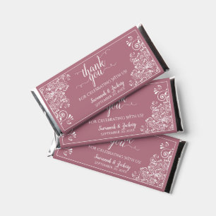 White Lace on Dusty Rose Elegant Wedding Thank You Hershey Bar Favors