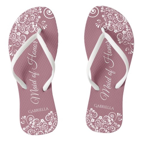 White Lace on Dusty Rose Maid of Honor Wedding Flip Flops