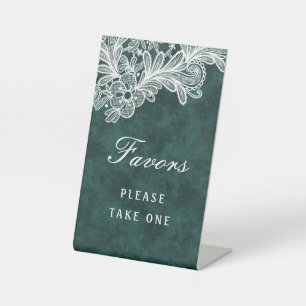 White Lace on Emerald Green Faux Velvet Favors Pedestal Sign