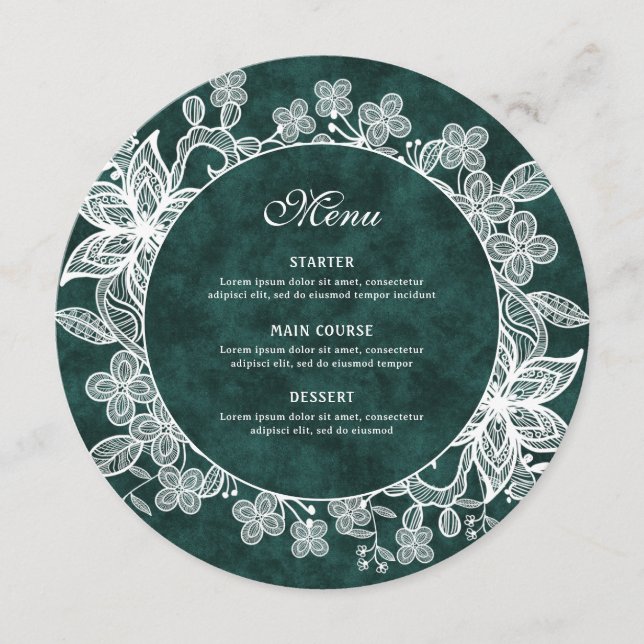 White Lace on Emerald Green Faux Velvet Round Menu (Front)
