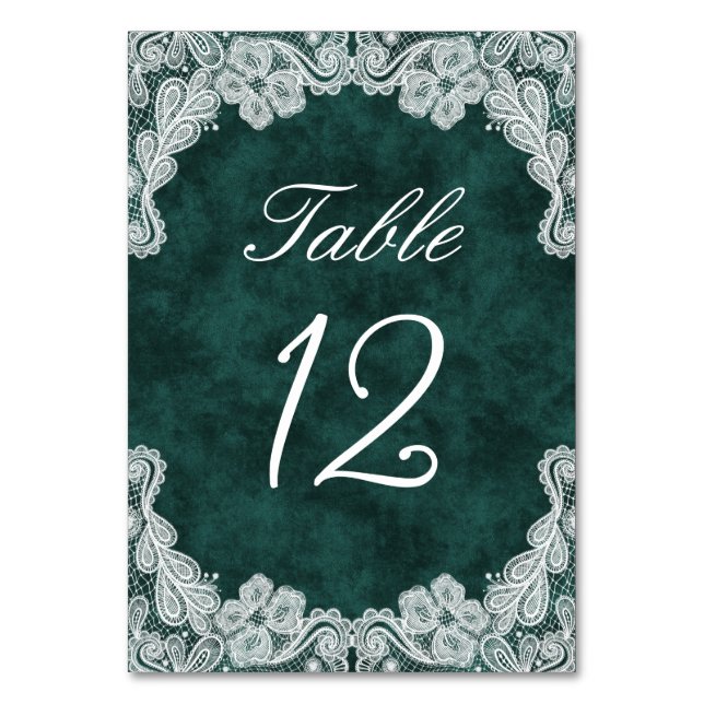 White Lace on Emerald Green Faux Velvet Table Number (Front)