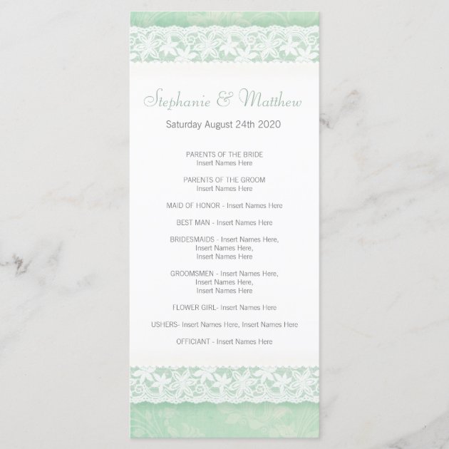 White Lace On Green Wedding Program Rack Card