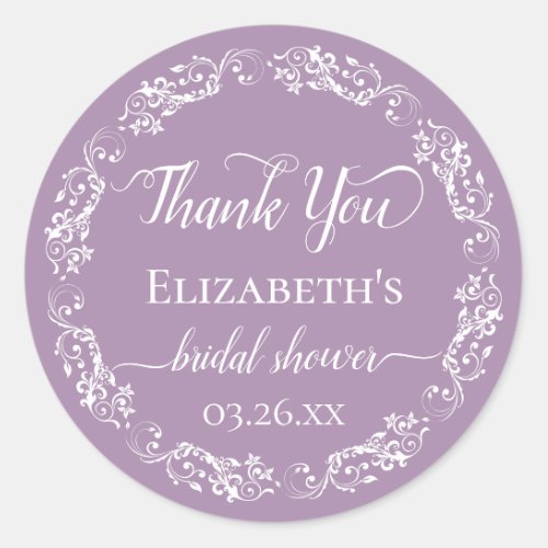 White Lace on Lavender Bridal Shower Thank You Classic Round Sticker