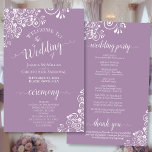 White Lace on Lavender Budget Wedding Program<br><div class="desc">These wedding programs are elegant and tasteful, while still being budget friendly. The design features an ornate white floral lace pattern on a lavender or lilac colored background. The typography features lacy script calligraphy, and there is room for details on the ceremony, the bridal party, and a short thank you....</div>