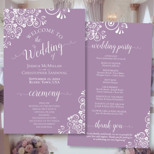 White Lace on Lavender Budget Wedding Program