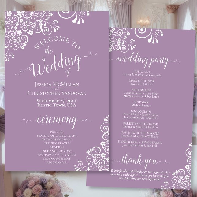White Lace on Lavender Budget Wedding Program (Front/Back)