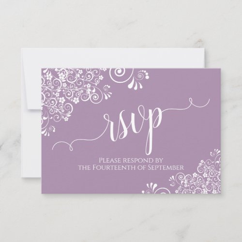 White Lace on Lavender Elegant Calligraphy Wedding RSVP Card
