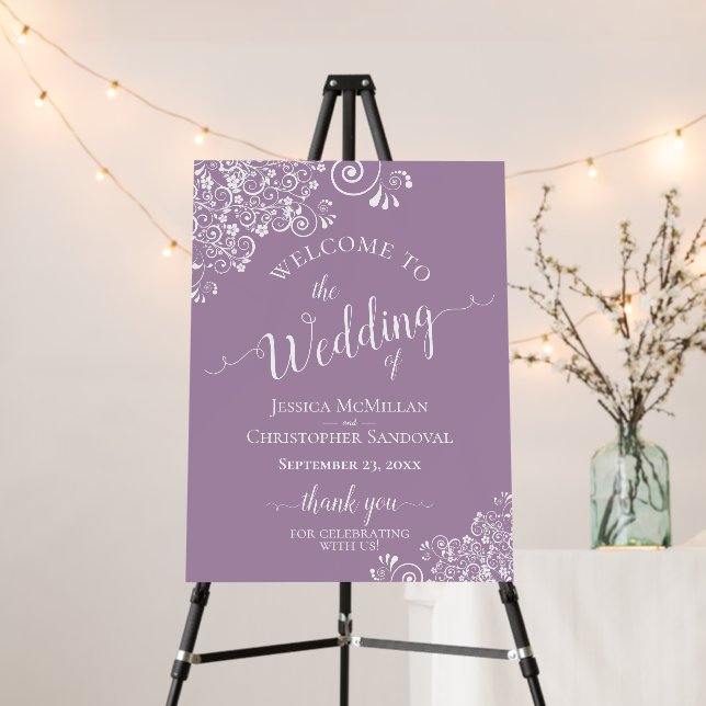 White Lace on Lavender Elegant Wedding Welcome Foam Board (In Situ (Stand))