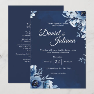 White Lace on Navy Blue BUDGET Wedding Invitation
