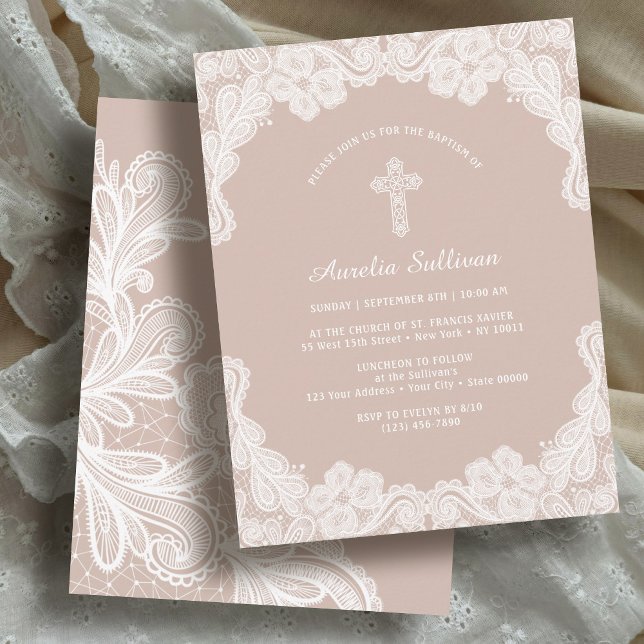 White Lace on Pale Brown Baptism Invitation (Creator Uploaded)