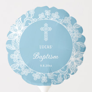 White Lace on Pastel Blue Baptism Balloon