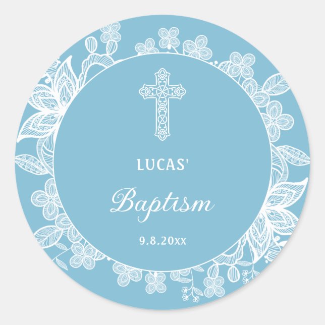 White Lace on Pastel Blue Baptism Classic Round Sticker (Front)