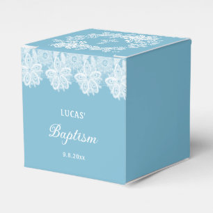White Lace on Pastel Blue Baptism Cube Favor Boxes