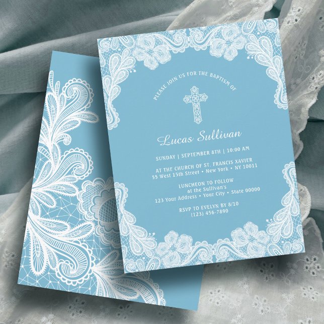 White Lace on Pastel Blue Baptism Invitation (Creator Uploaded)