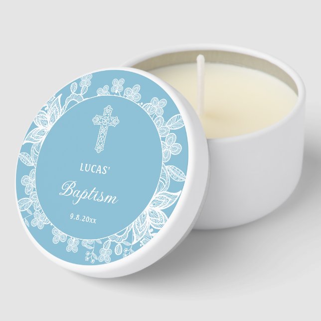 White Lace on Pastel Blue Baptism Mini Candle Favors (Corner)