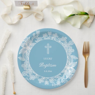 White Lace on Pastel Blue Baptism Paper Plates