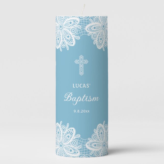 White Lace on Pastel Blue Baptism Pillar Candle (Front)