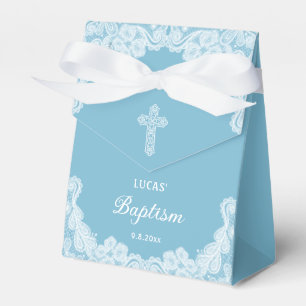 White Lace on Pastel Blue Baptism Tent Favor Boxes
