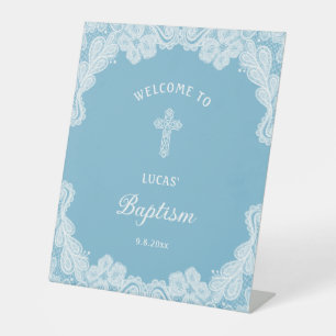 White Lace on Pastel Blue Baptism Welcome Pedestal Sign
