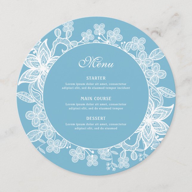 White Lace on Pastel Blue Round Menu (Front)