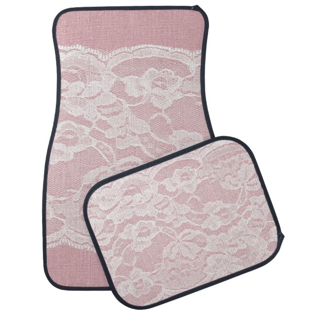 White Lace on Pastel Pink Linen Texture Car Floor Mat (Set)