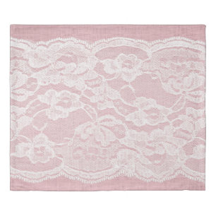 White Lace on Pastel Pink Linen Texture Duvet Cover