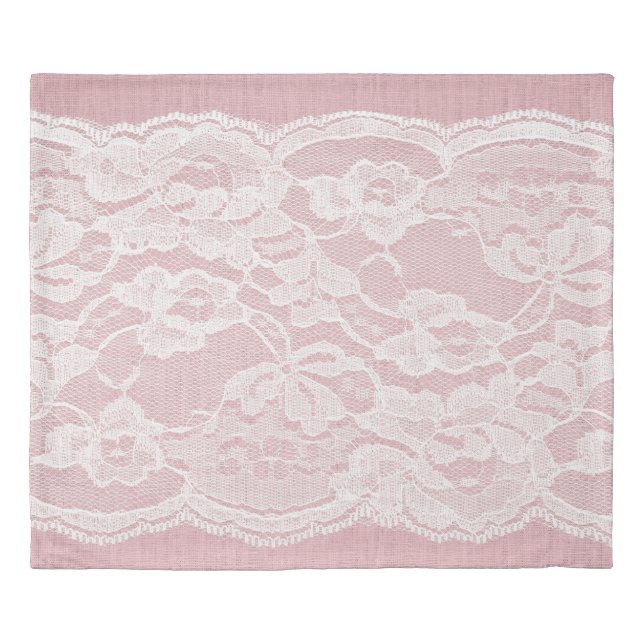 White Lace on Pastel Pink Linen Texture Duvet Cover (Front)
