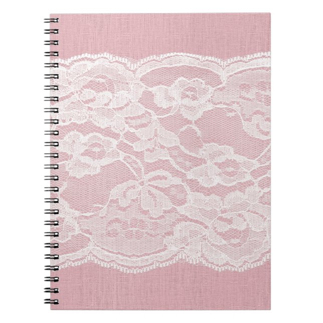 White Lace on Pastel Pink Linen Texture Notebook (Front)