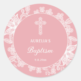 White Lace on Pink Baptism Classic Round Sticker