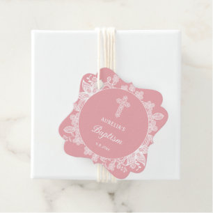 White Lace on Pink Baptism Favor Tags